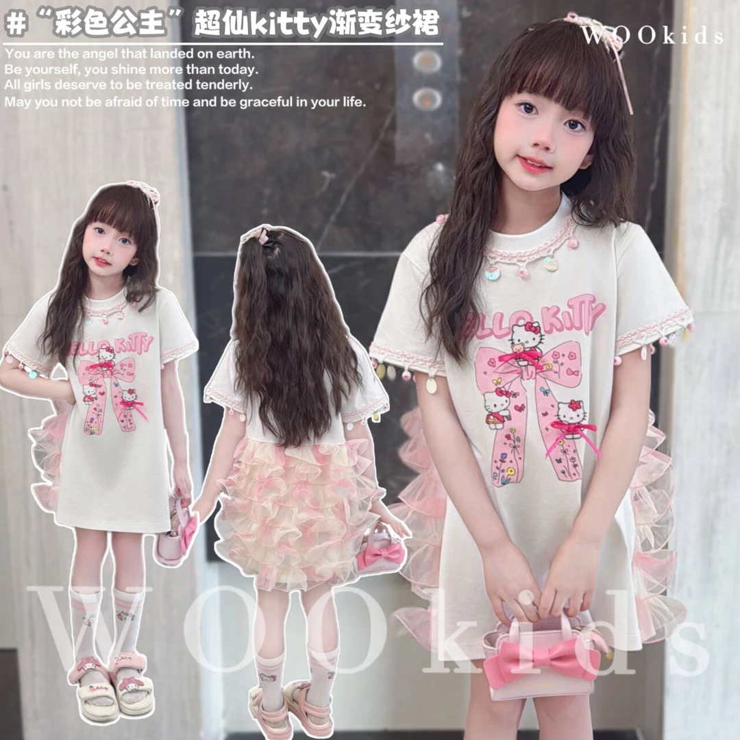 现货-WOOkids8 【蝴蝶结猫咪】亲子童装高定短袖连衣裙 W25040205
