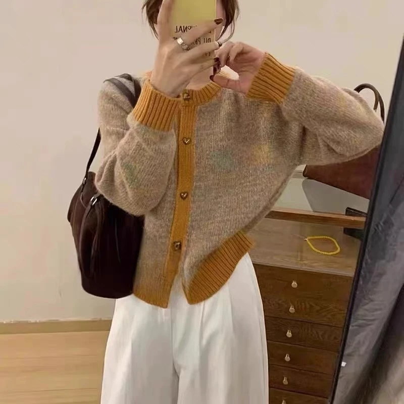 慵懒风圆领女千金风法式毛针织衫开衫百搭毛衣网红软糯小香风外套