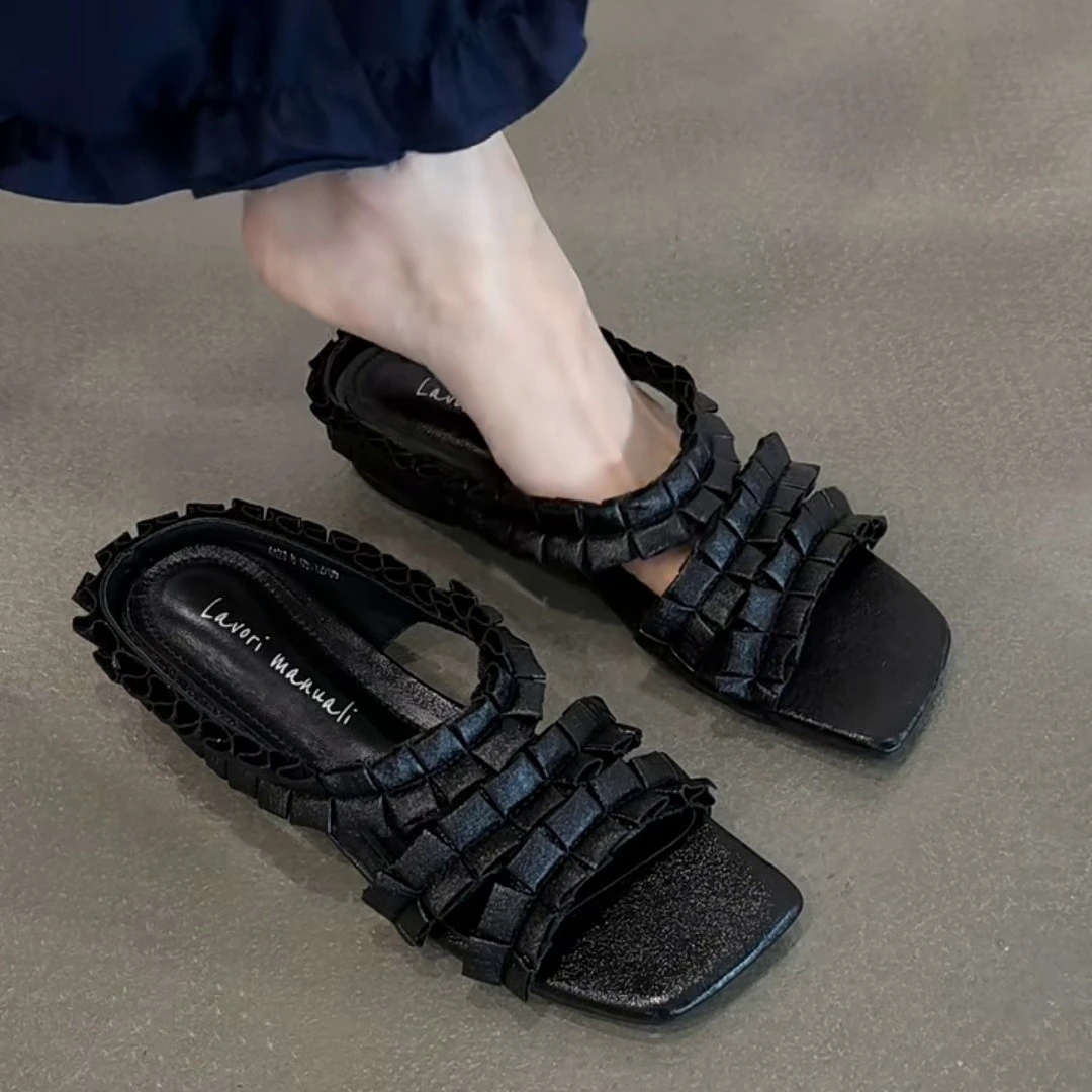 羊皮版~2025新款法式仙女风露趾凉拖鞋女夏外穿百搭一脚蹬一字拖