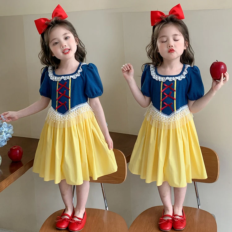 女童白雪公主裙子2025新款夏季儿童女孩拼接蕾丝蝴蝶结生日连衣裙