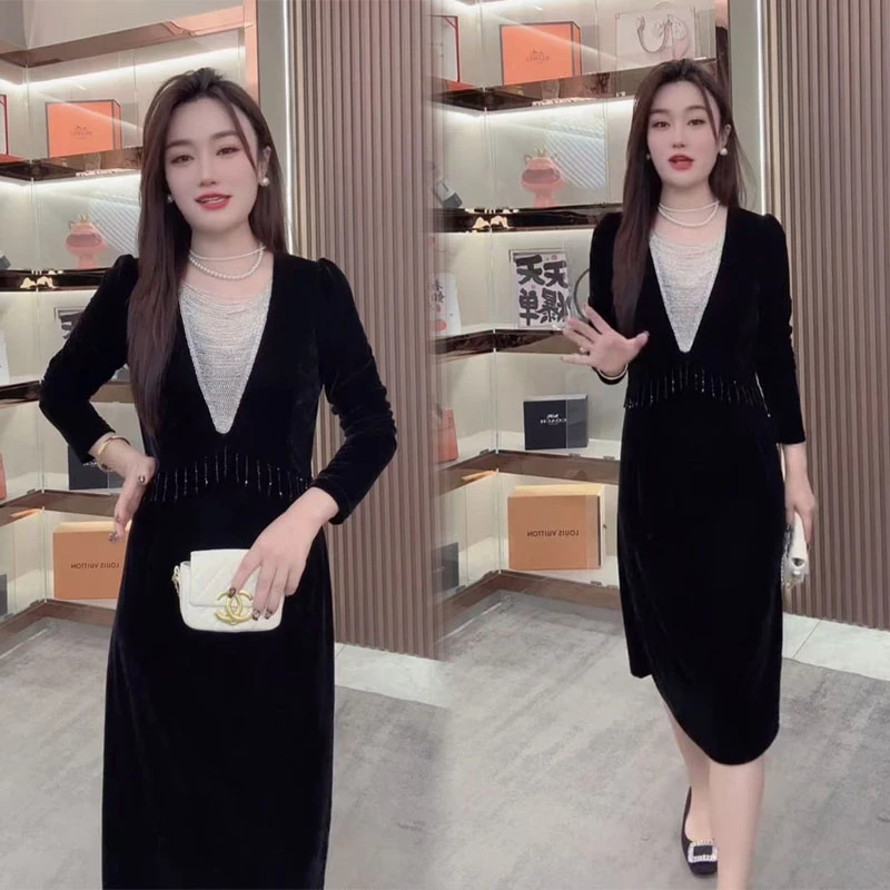 连衣裙2025新款女春秋今年流行爆款轻奢高级感金丝绒黑色高档长袖