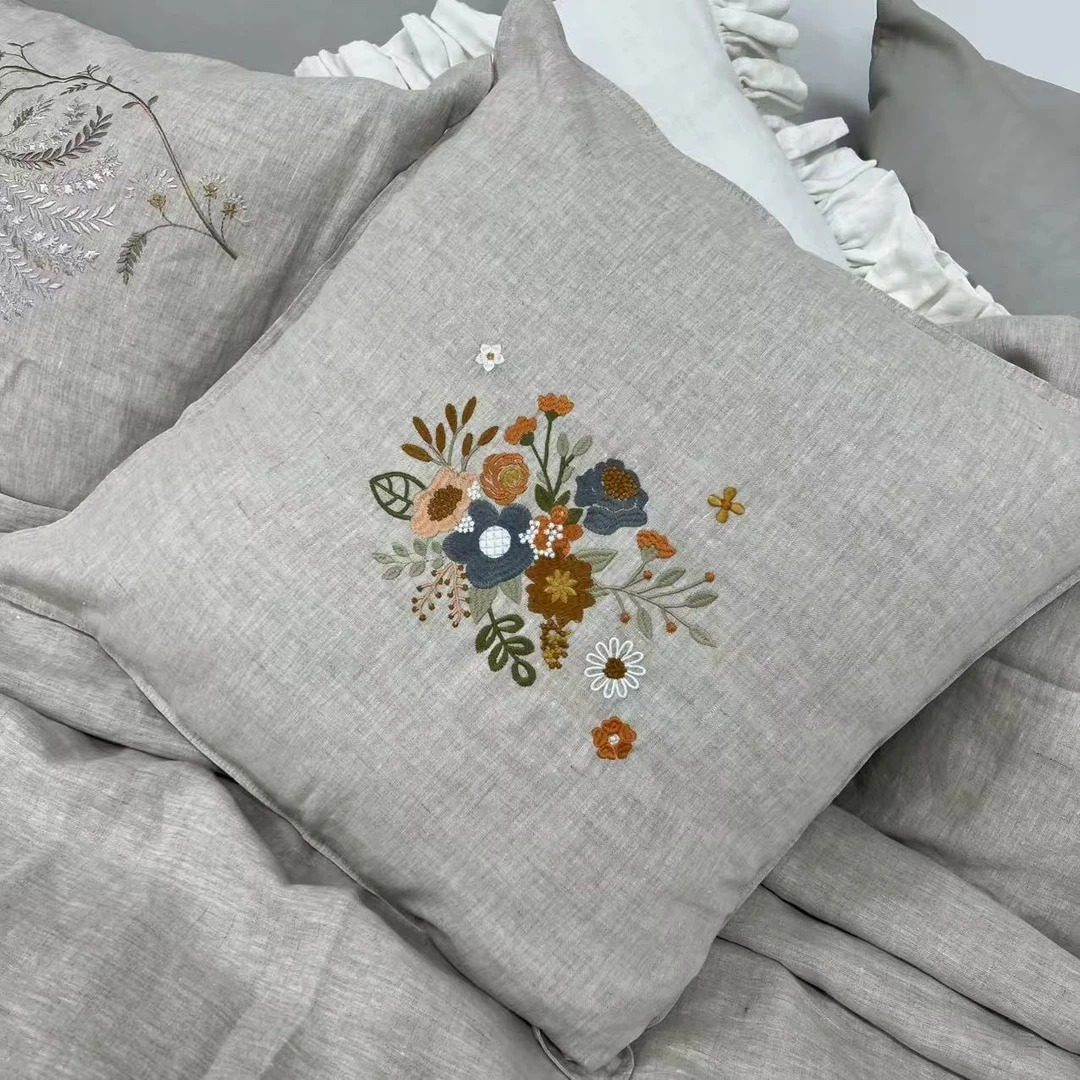 100%纯亚麻雨露刺绣抱枕套