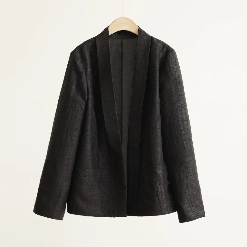 老龟龟裂纹！稀少限量新中式香云纱桑蚕丝女士西装外套（250493）