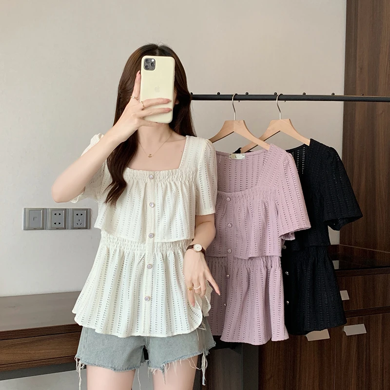 2025夏款胖mm大码女法式气质方领镂空荷叶边短袖小衫上衣 A1513