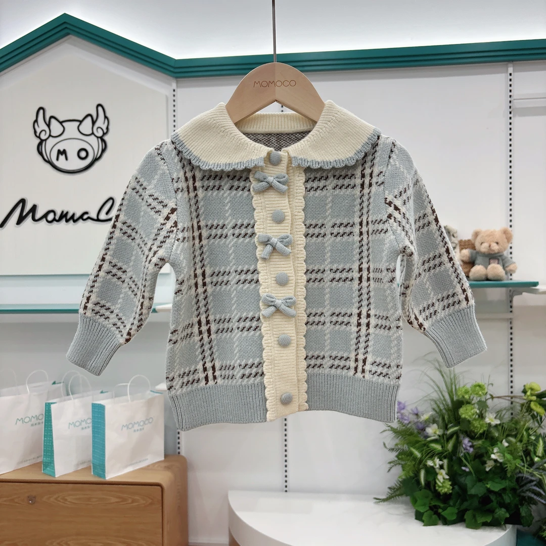 MOMOCO女童秋季儿童时尚韩版带蝴蝶结翻领毛衣开衫77730112005