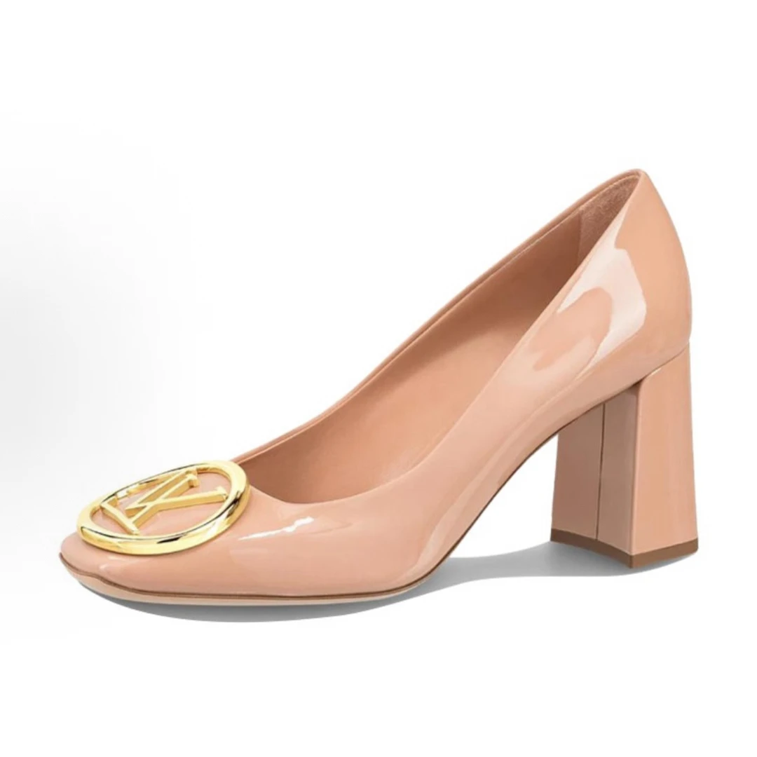 未使用 LouisVuitton/路易威登 金属徽标粗跟 高跟鞋 女款 浅粉色