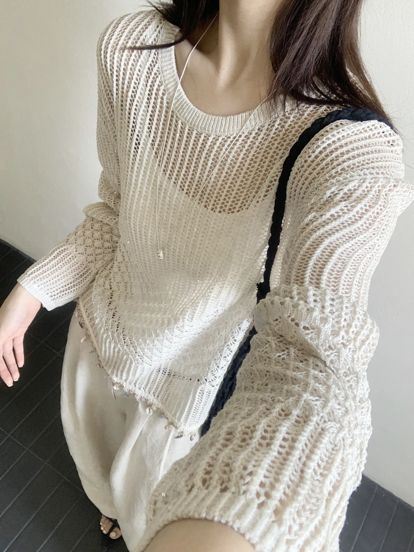 【潘潘.688865】2025年夏季新款天爽亚麻纯色圆领镂空长袖针织衫