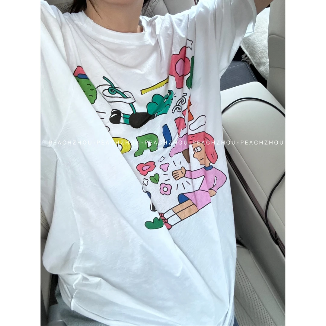『PEACHZHOU』彩色涂鸦卡通印花亲肤新疆棉宽松圆领短袖休闲减龄T恤