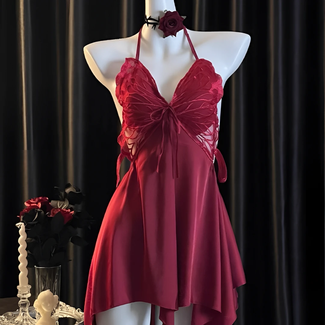 寻找蝴蝶 性感纯欲风粉色挂脖带胸垫吊带蝴蝶睡裙缎面高级感睡衣