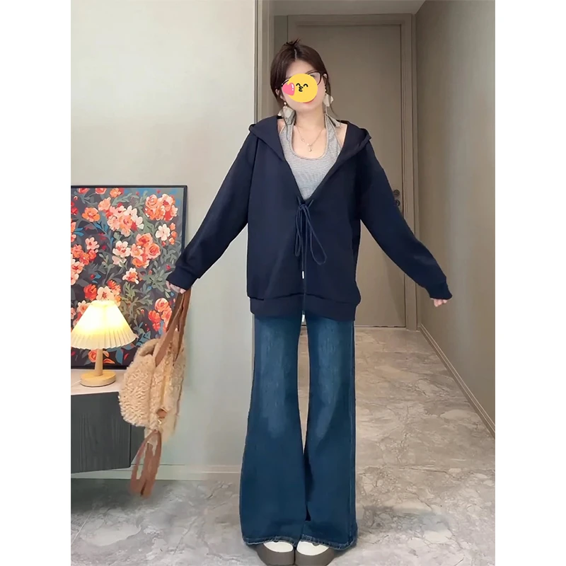 大码秋季新款连帽宽松抽绳卫衣条纹吊带衫两件套女百搭显瘦上衣