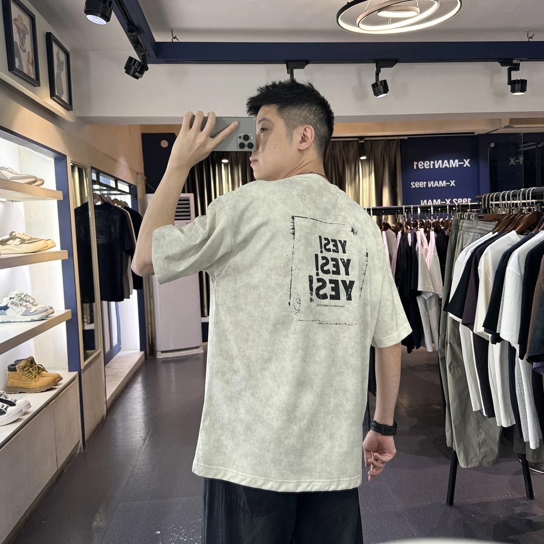 谢生严选【YES!】夏季水洗扎染绣花字母街头设计感休闲潮男短袖T恤