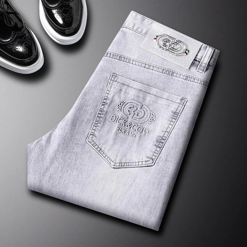 夏季薄款男士浅灰色牛仔裤男时尚潮牌轻奢宽松弹力修身小直筒