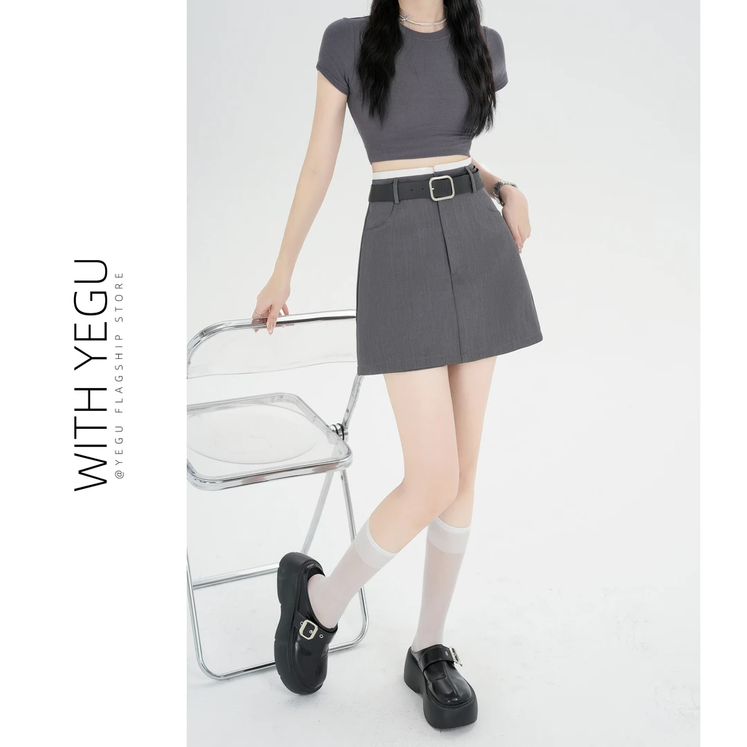 学院风撞色腰头西装短裤女夏季高腰a字直筒裤小个子灰色休闲裤裙