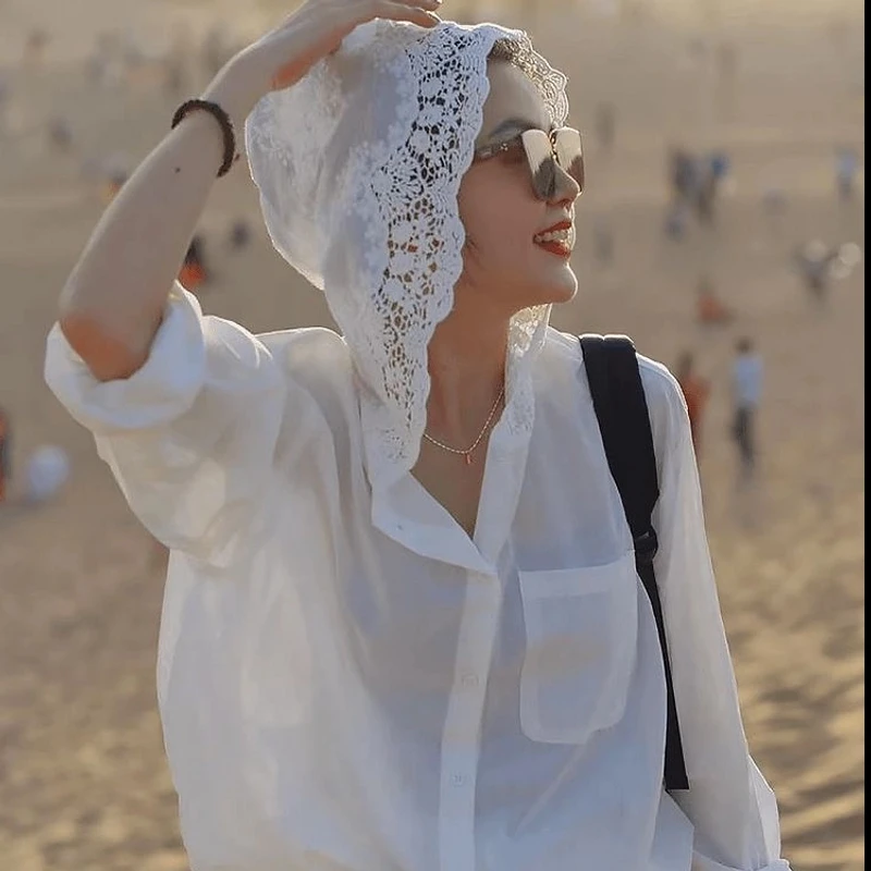 （运费补贴）洋气高端别致衬衣2025新款春季蕾丝镂空连帽设计感衬