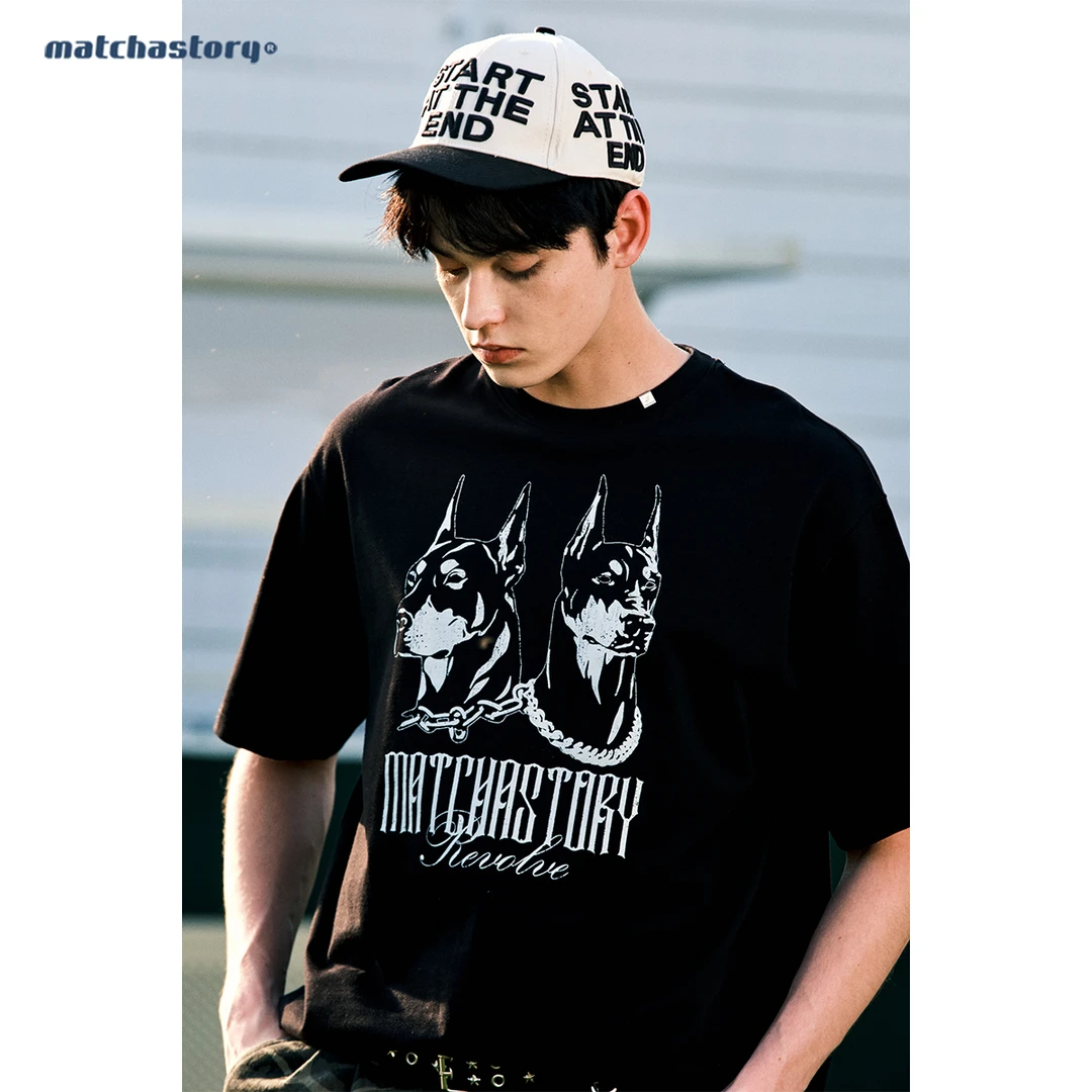 抹茶故事夏季潮流痞帅杜宾犬印花短袖T恤M25721719