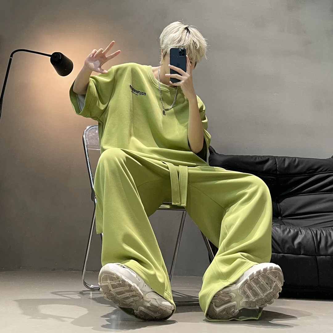 宽松大码情侣休闲运动套装时尚百搭夏季透气菠萝格短袖纯色休闲裤