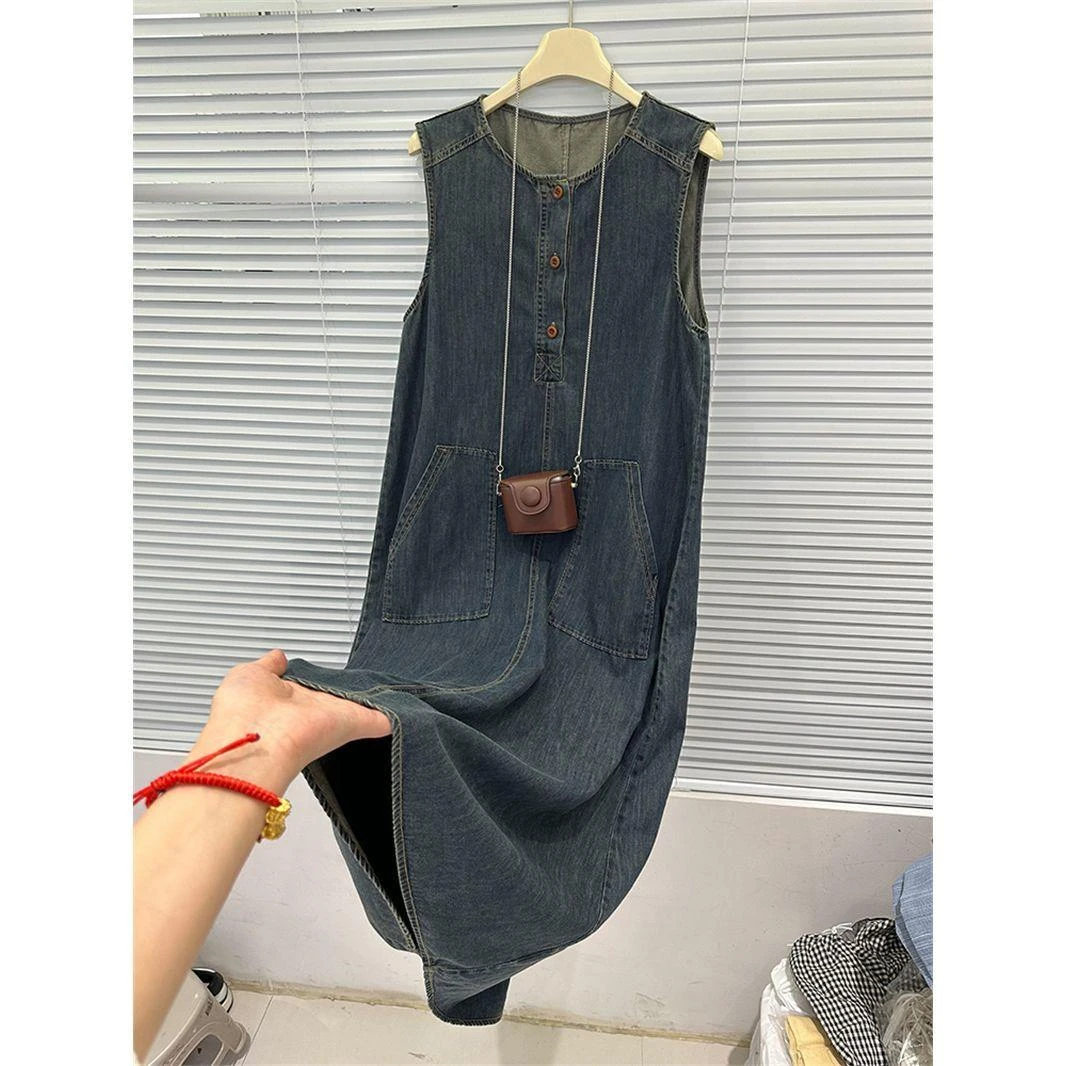 港风复古蓝色无袖背心牛仔连衣裙夏季少女新款韩系气质显瘦长裙子