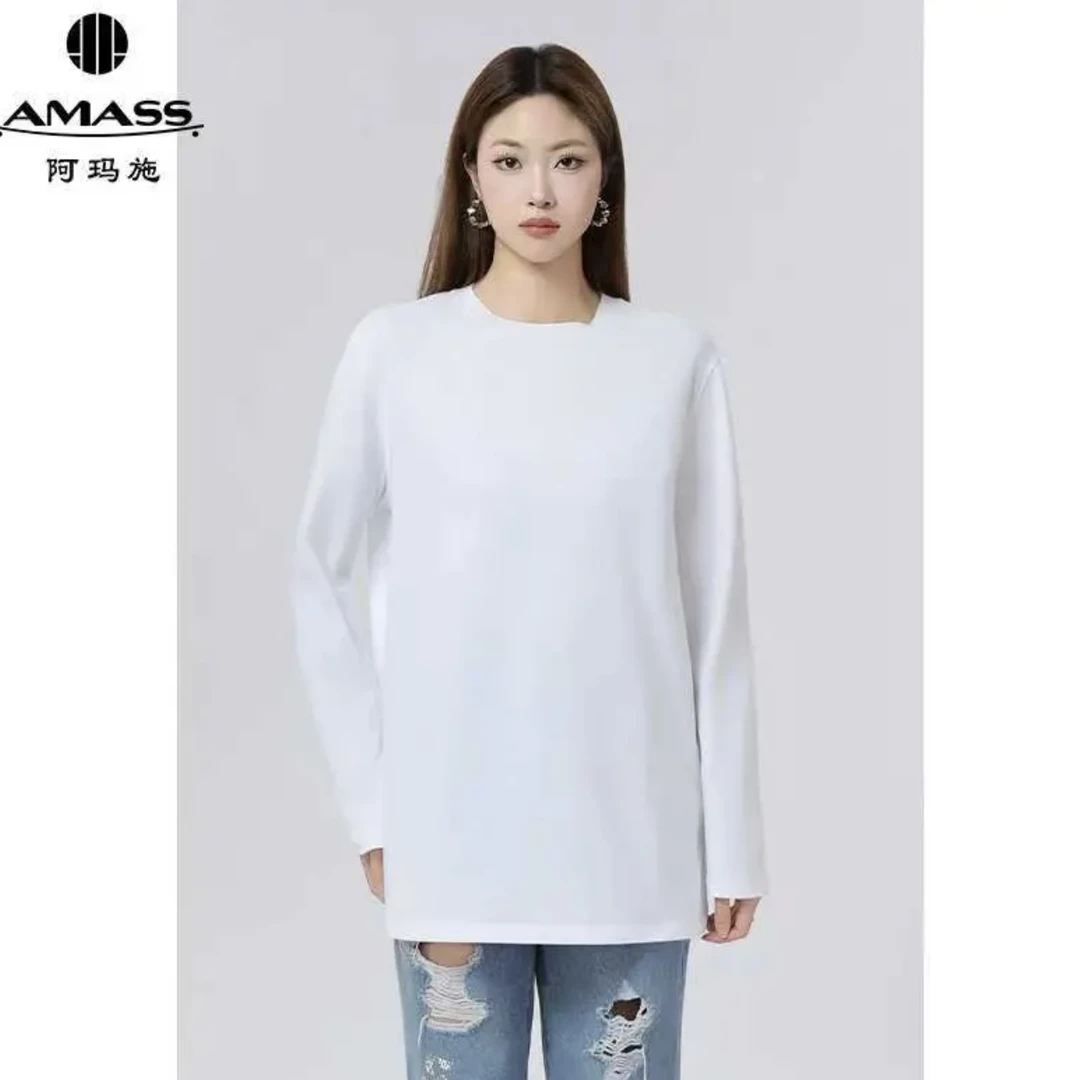 AMASS阿玛施新款简约百搭衬衣早春圆领舒适休闲纯棉T恤女530189