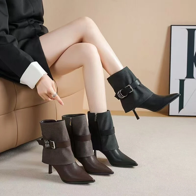 时髦洋气裤管靴尖头加绒皮带气质短靴  813-7