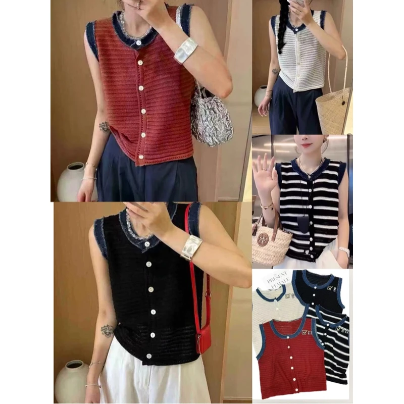 薇莎744【拼牛仔领】无袖撞色排扣冰丝上衣