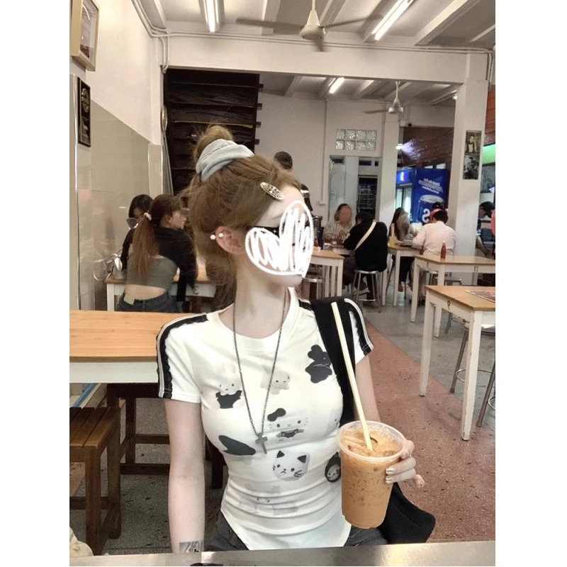 玩偶礼品屋 kt印花圆领正肩短袖T恤女小个子修身短上衣