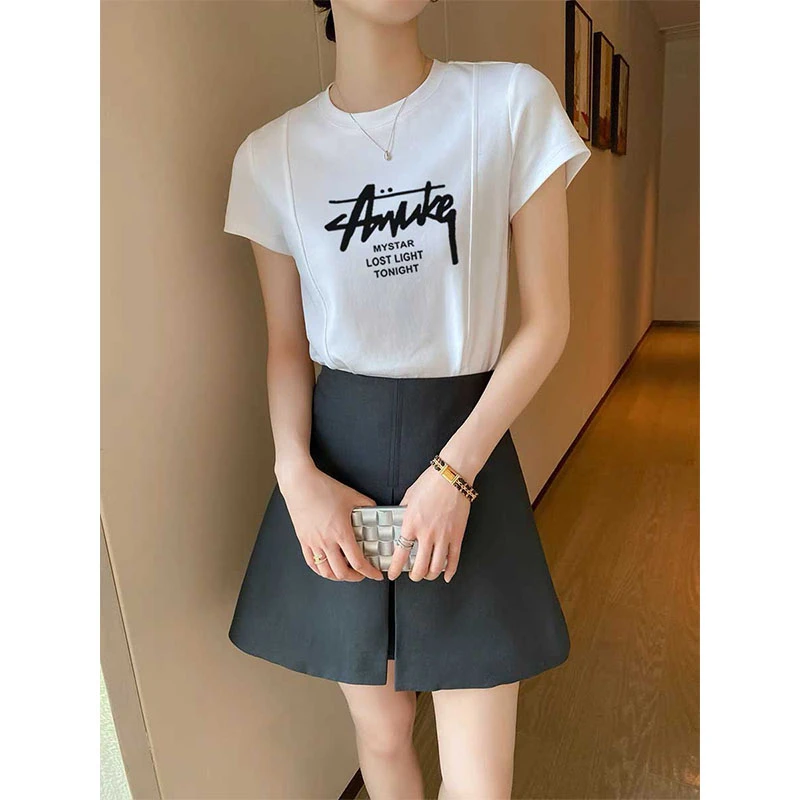 2025新款直条肩线设计磨毛t恤女加厚短袖打底时尚洋气春夏季上衣