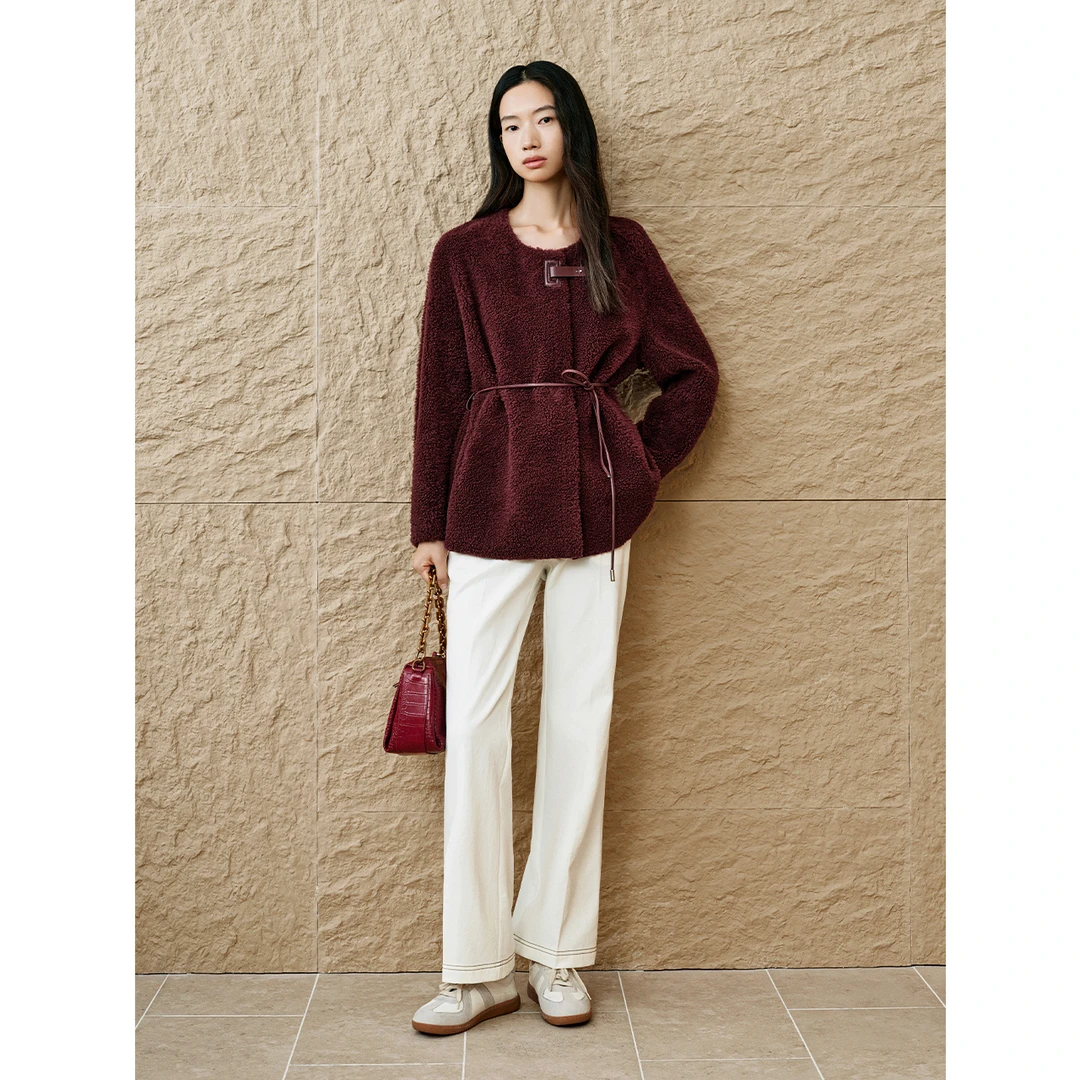 【拉贡皮草】INSUN恩裳冬琥珀流光酒红皮毛一体拉贡外套9C65509830