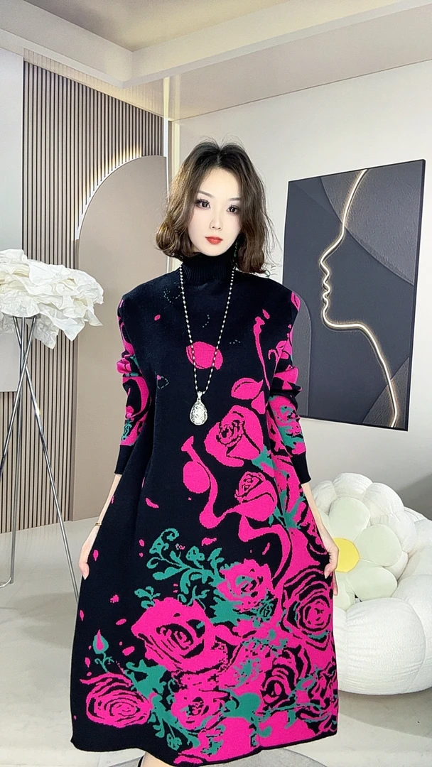 127号2025新款复古印花羊毛针织连衣裙女款秋冬气质羊毛连衣裙子