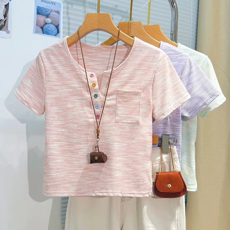 多巴胺彩色纽扣短袖t恤女夏季韩系温柔甜妹气质百搭条纹短款上衣