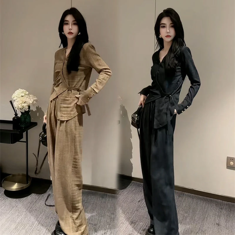 高级感时尚气质洋气女套装不规则开叉纽扣衬衫显瘦阔腿裤两件套