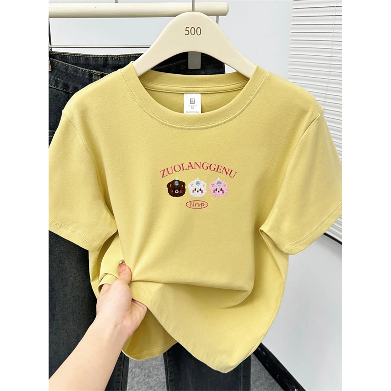 韩系减龄圆领正肩短袖t恤女夏季大码胖mm设计感洋气小熊印花上衣