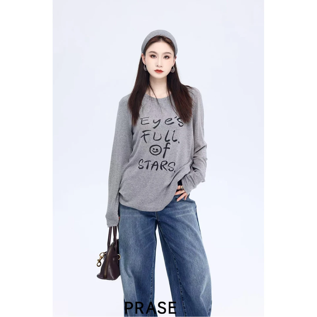 PRASE·噜【笑脸T】微胖轻奢设计款秋女天丝羊毛印花针织T恤PR507B24