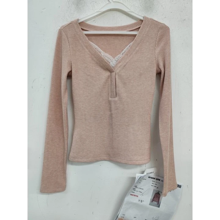 王少女【清清】粉色修身花边V领针织衫 Z27968S44