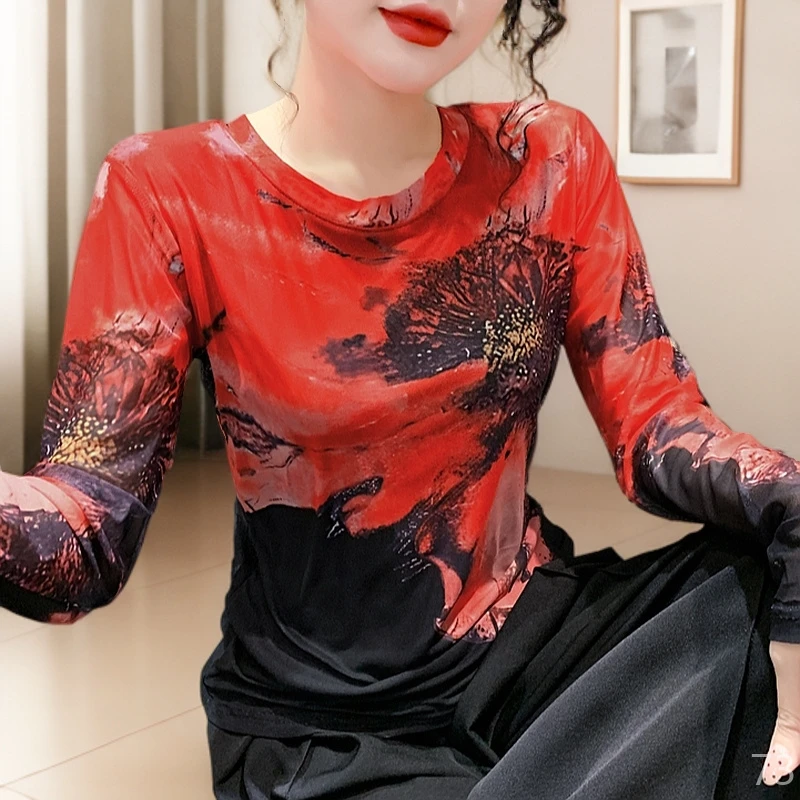 爆款欧货新款上档次欧洲站内搭洋气打底衫女可外穿网纱上衣潮衣服