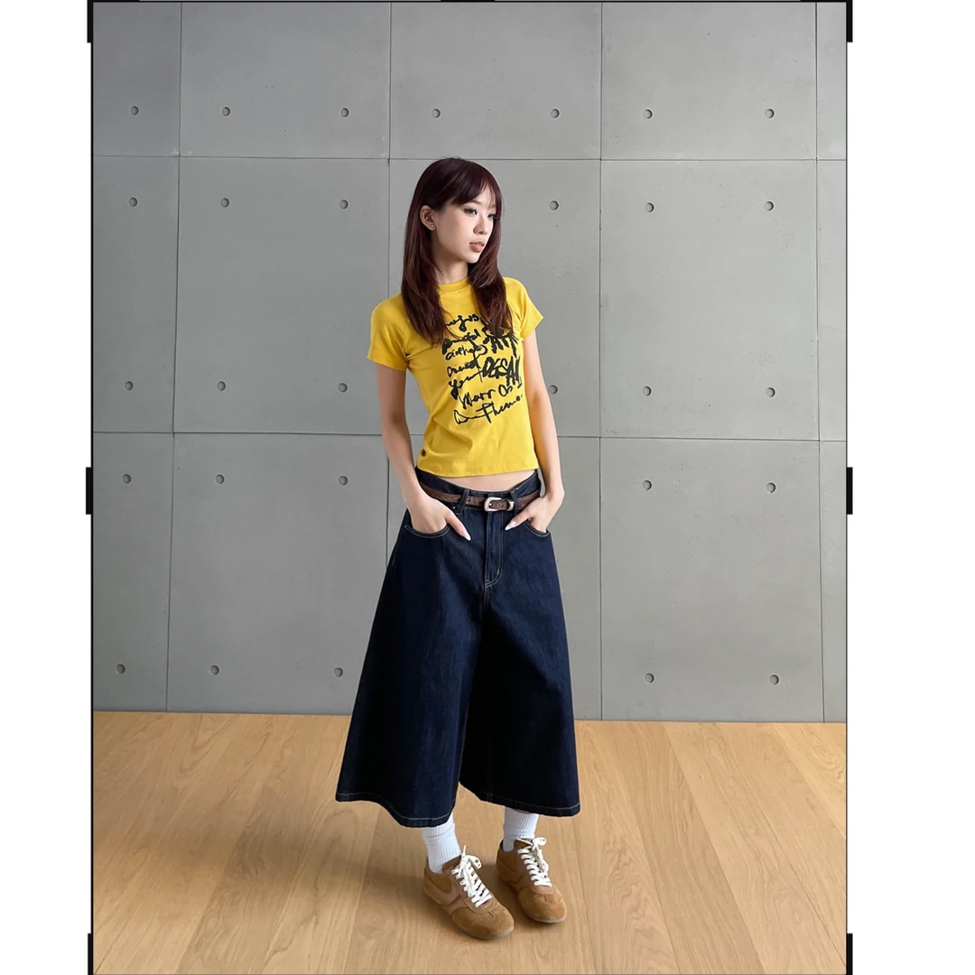 美式复古单宁原色七分牛仔裤子新品百搭宽松直筒显瘦七分裤阔腿