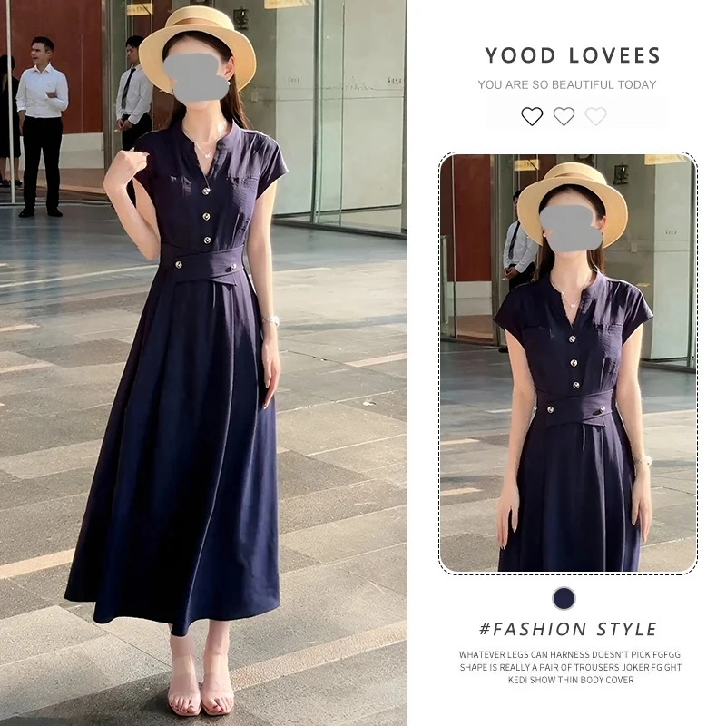 小众设计感气质短袖长裙女装2025夏季新款法式v领中长连衣裙显瘦