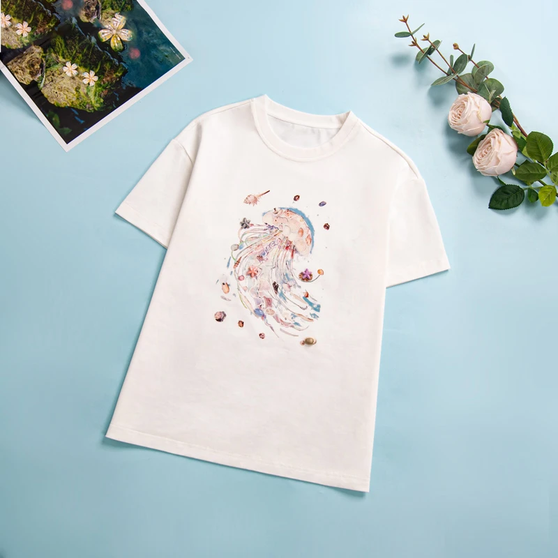 2007女童白色T恤儿童高品质新款夏装洋气时髦重工贝壳韩版纯棉T