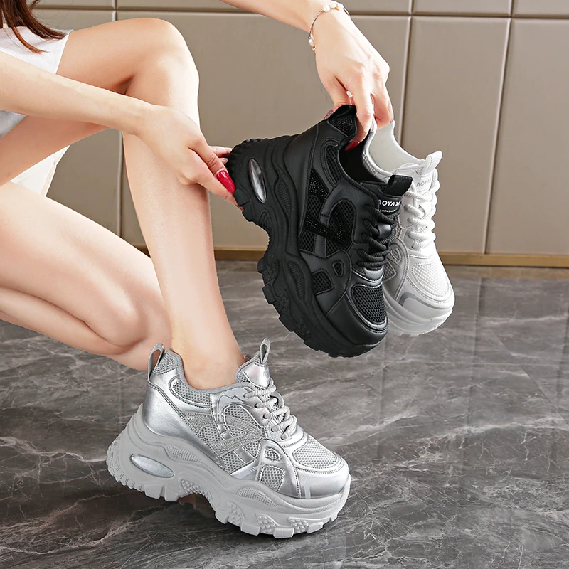 增高8厘米老爹鞋女四季网面皮面透气小个子百搭韩版厚底运动女鞋