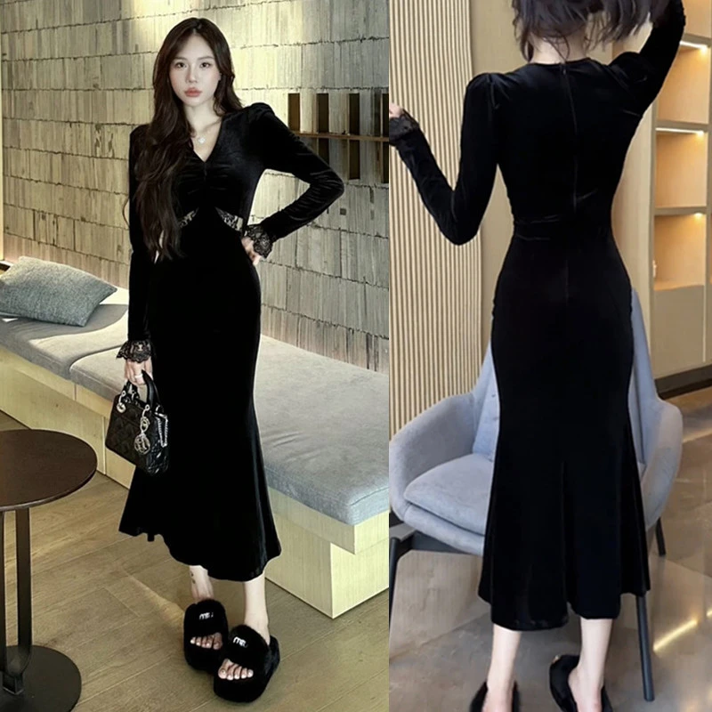 金丝绒v领连衣裙女秋冬2025新款气质高级感黑色修身显瘦鱼尾长裙