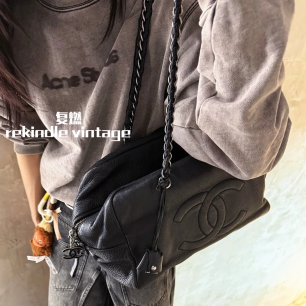 95新 Chanel/香奈儿 复燃精选/黑色大logo波士顿单肩包