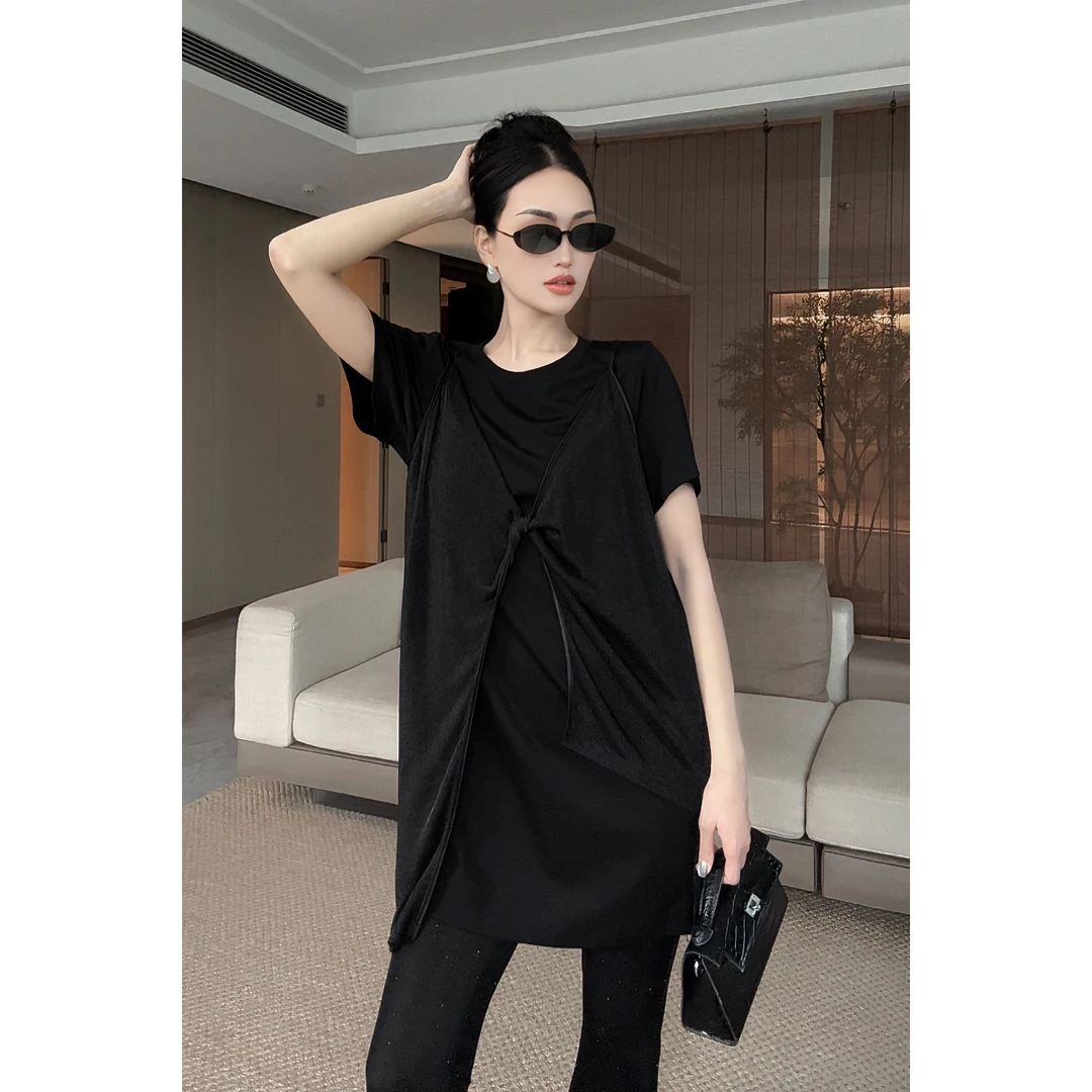 紫紫 暗黑伴侣  假两件矜贵吊带背心T裙夏季大码T恤女ZC05LZHJ005