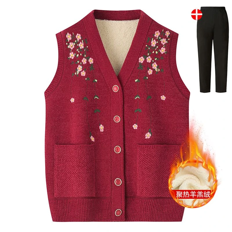 老年人马甲春秋奶奶毛衣女加绒加厚开衫坎肩保暖老人背心秋冬外套