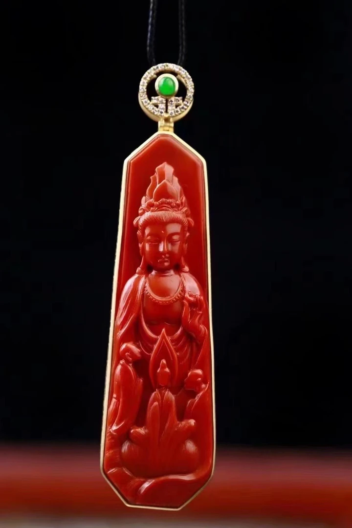 川料南红满肉柿子红观音吊坠女款镶嵌挂坠雕刻精美精雕