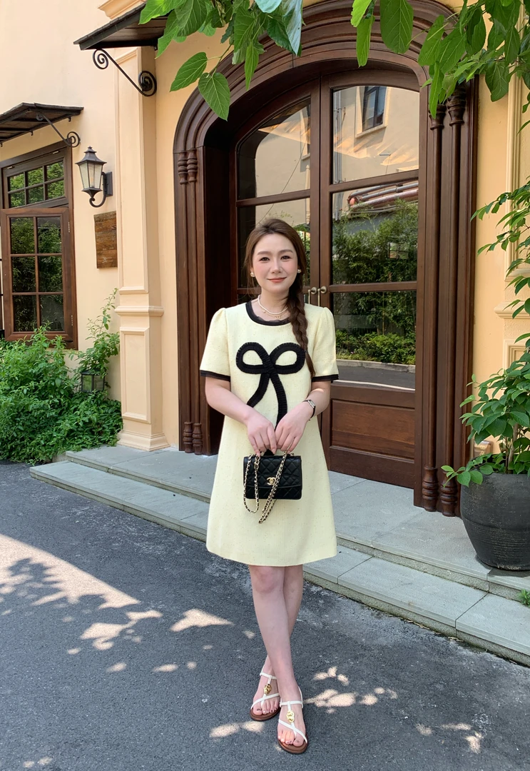 NANJIE/楠姐【娇贵千金】新款蝴蝶结圆领拼接A版连衣裙XNS6391
