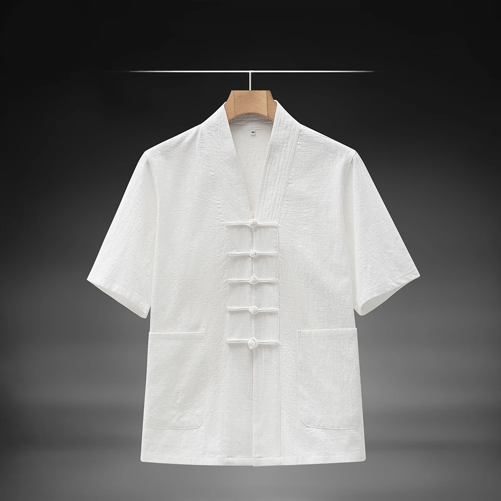 中国风棉麻唐装短袖T恤上衣男士中老年中式盘扣打底衫太极服