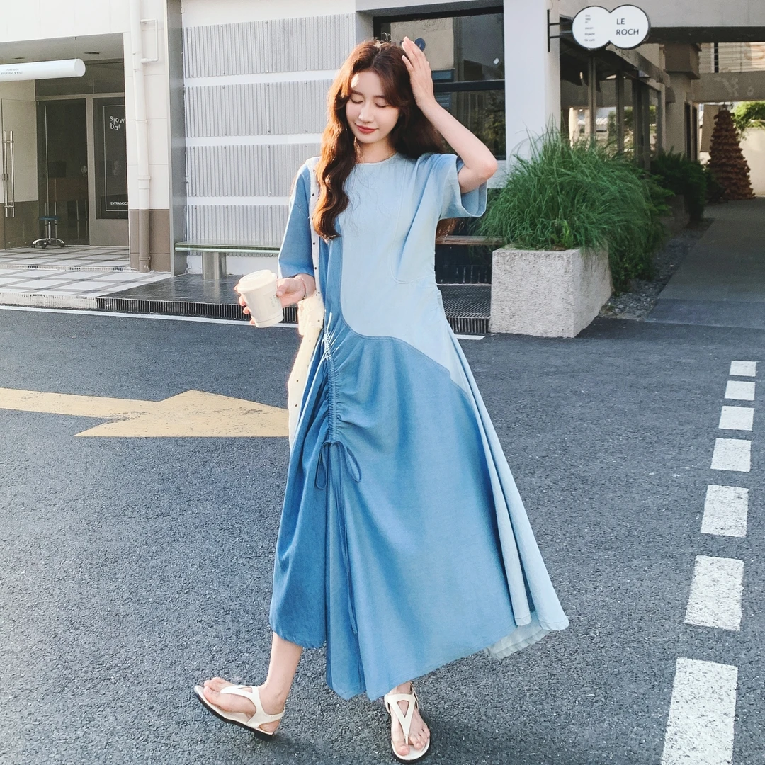 设计感独特别致牛仔拼接不规则长裙新款显瘦气质超好看连衣裙女夏