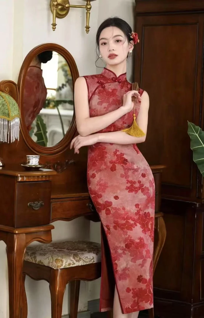 妍贵人复古文艺红色长款气质旗袍