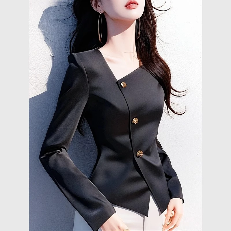 2025年春季黑色缎面衬衫女款高级感轻奢减龄洋气法式独特漂亮上衣