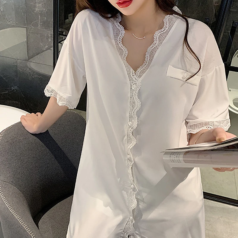 性感蕾丝睡裙女波浪型花边短袖衬衫睡衣女休闲宽松家居服睡衣