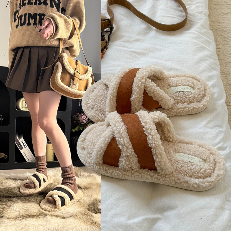 秋冬季休闲风圆头居家防滑平跟百搭时尚软底韩版毛绒一字拖鞋ins